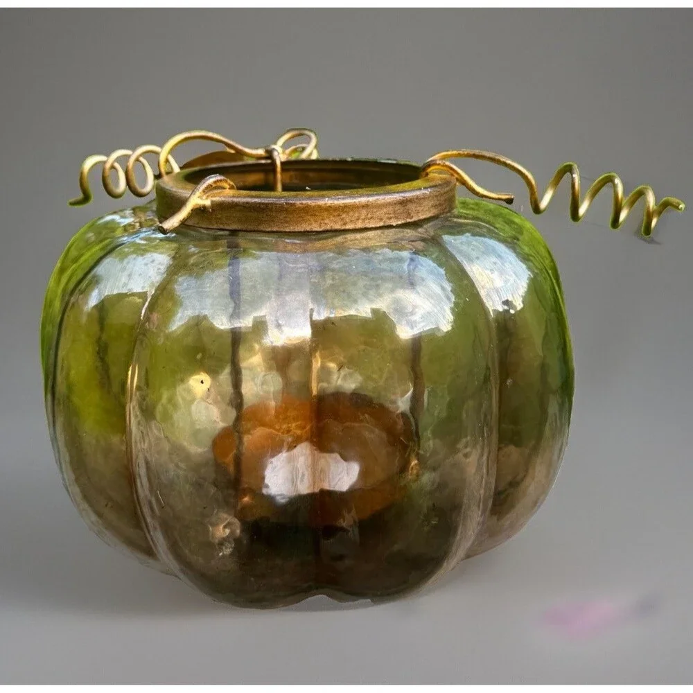 Lg Glass Pumpkin Candle Holder Halloween Fall Decor Gold Vine Leaf Metal Accents